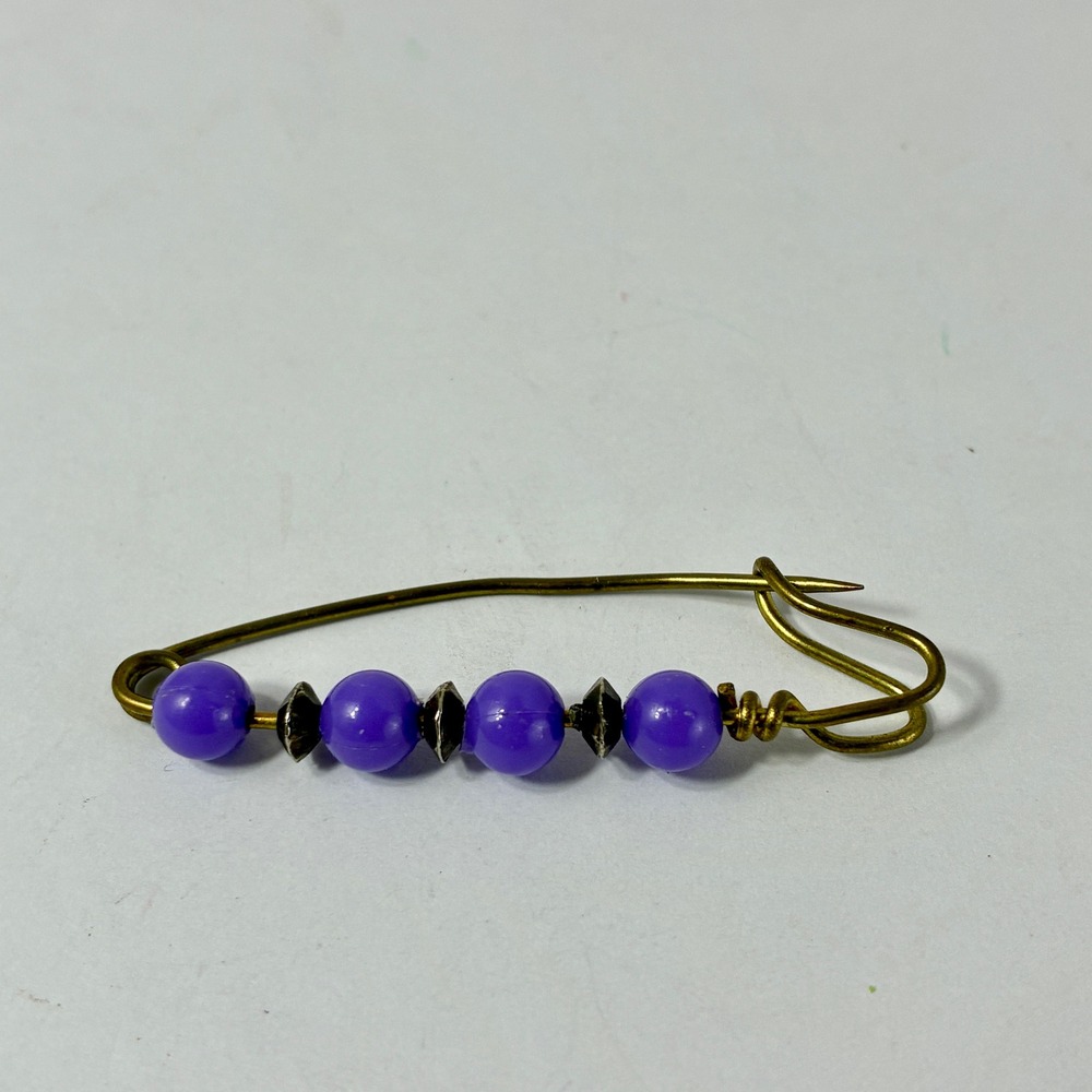 VTG  Purple Beaded Brass Safety Pin Flamenco Shawl Pin Brooch Scarf Accessory